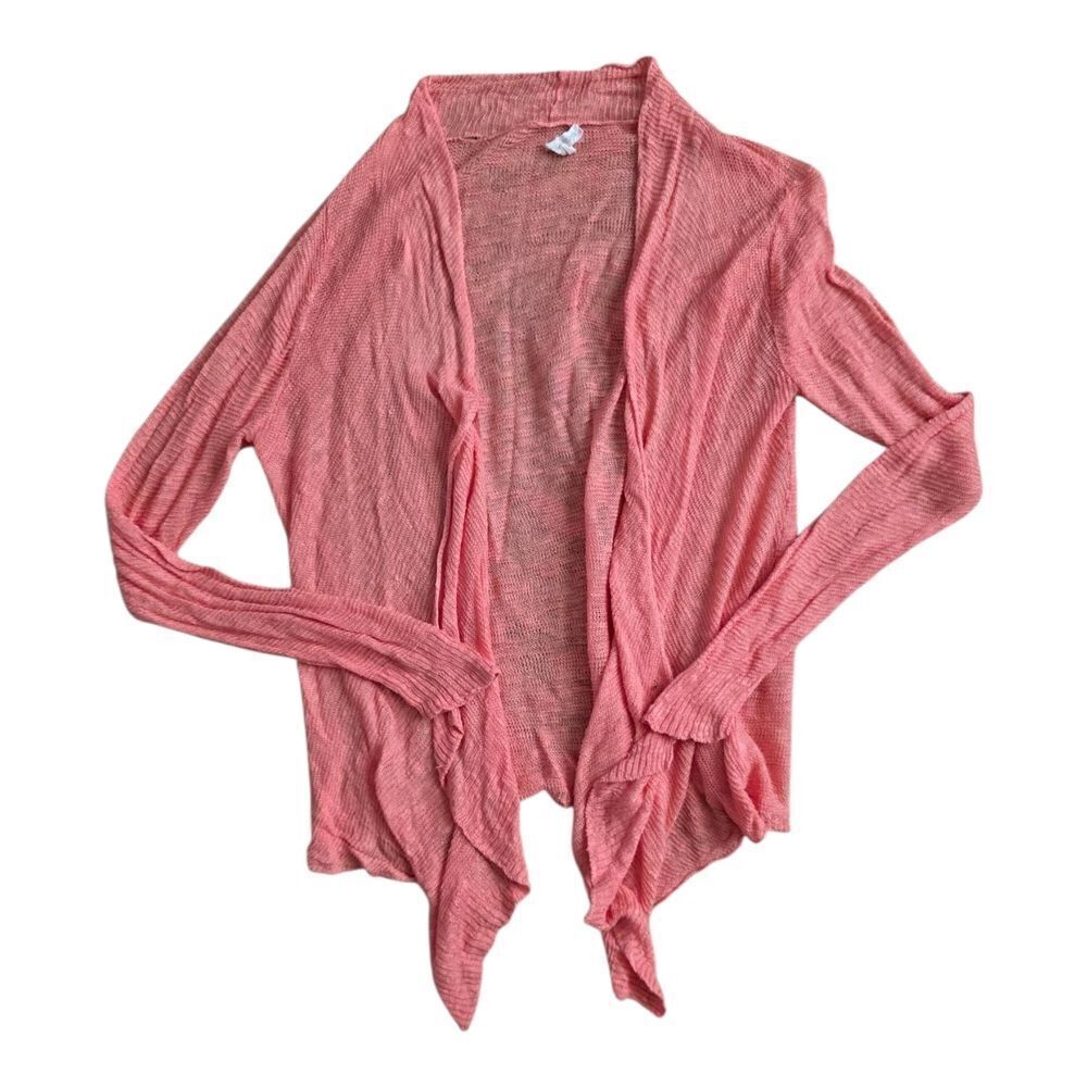 Eileen Fisher Coral Pink Linen Open Front Cascading Waterfall Cardigan S